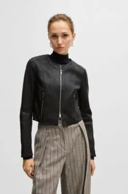 Chaqueta de piel slim fit sin cuello