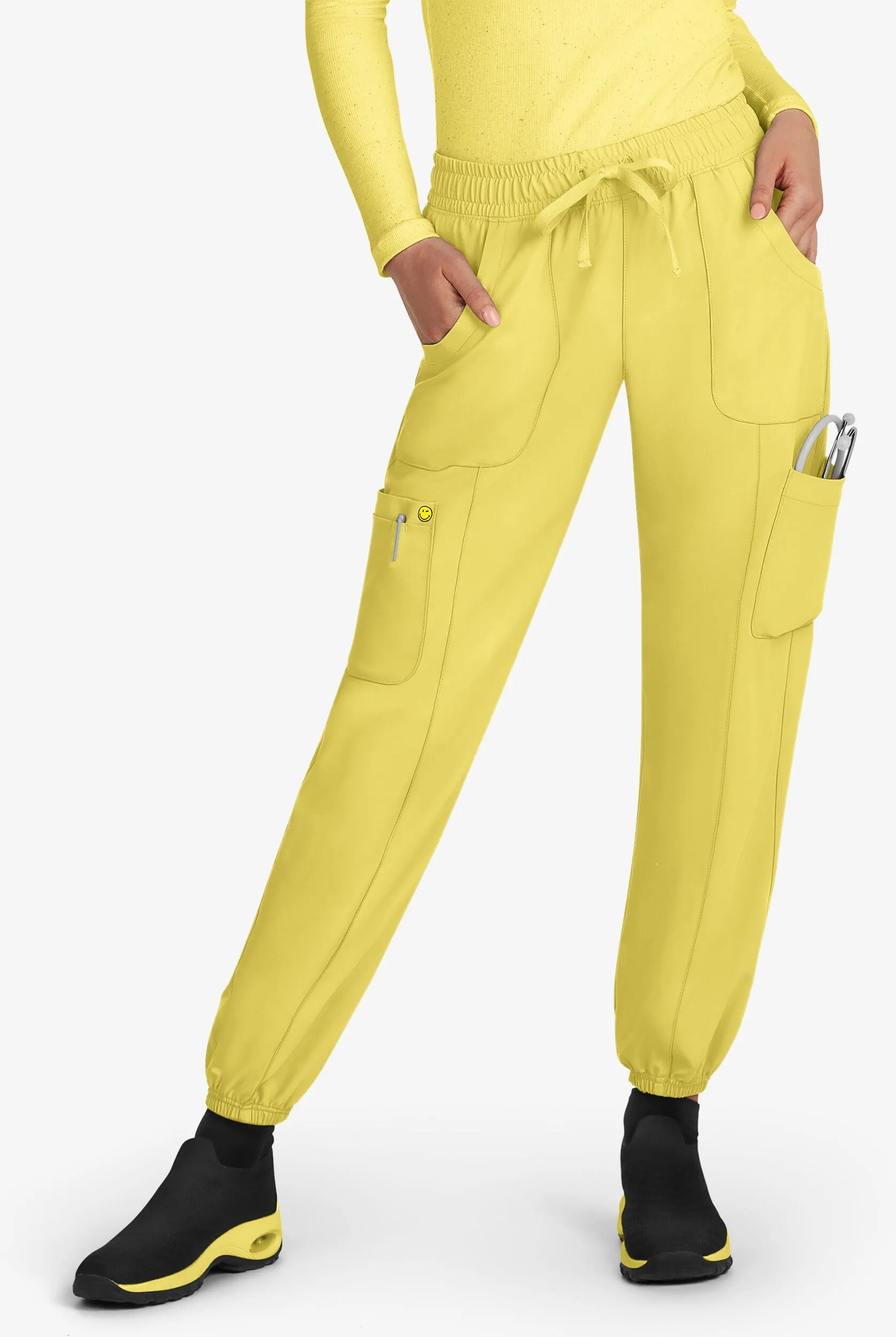 KOI SMILEY WORLD JOLLY WOMEN'S 7POCKET DRAWSTRING WAIST CARGO JOGGER SCRUB PANT